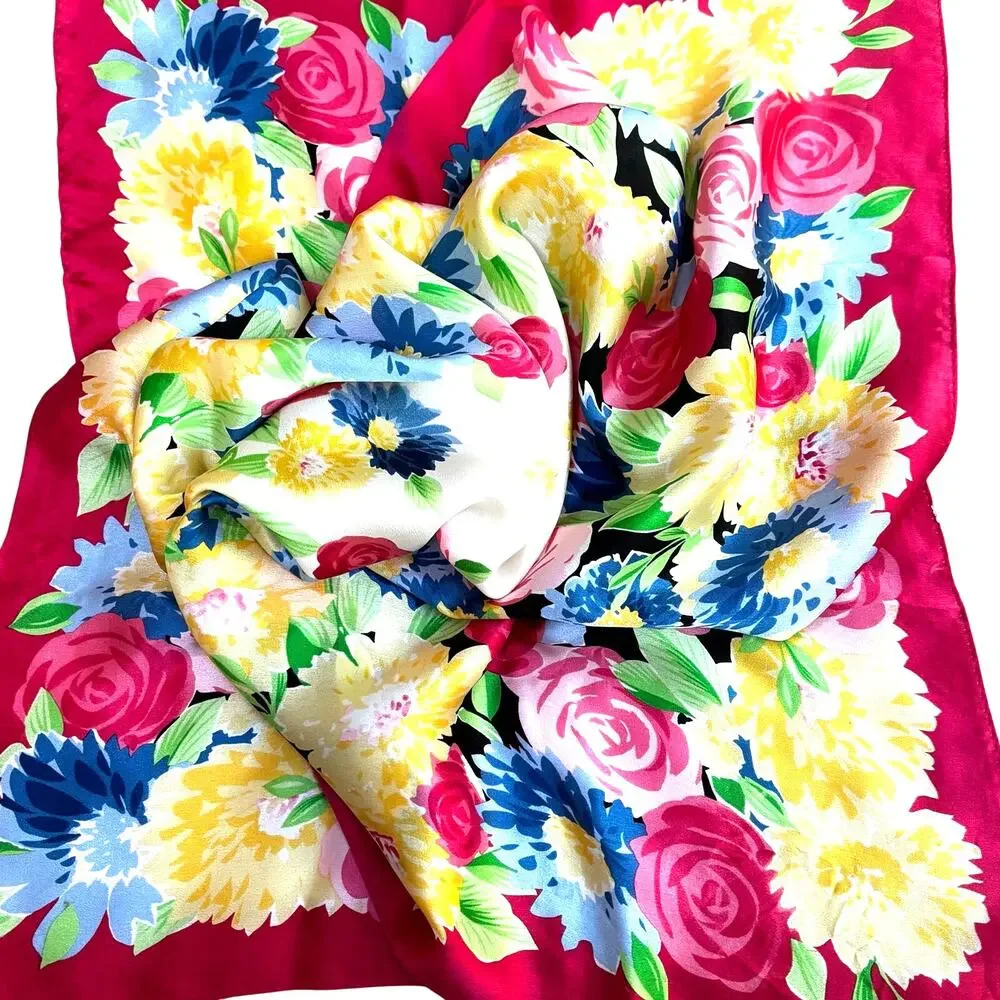 Vintage Pendleton silk scarf colorful floral square pink yellow watercolor motif